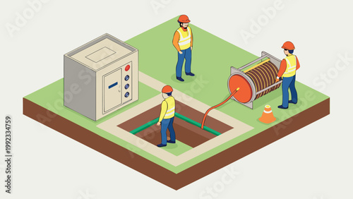 Vector illustration of construction workers performing underground cable installation with construction