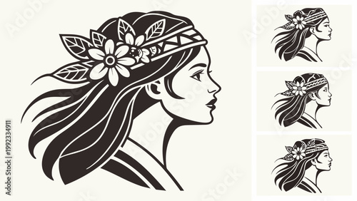 Vector illustration of a woman wearing a flower crown with portrait illustration monochrome silhouette