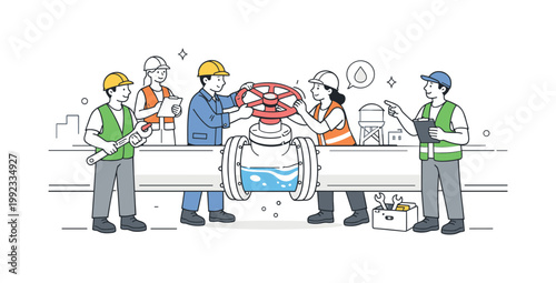 Urban infrastructure maintenance scenario where workers ensure reliable water supply for a community, illustrated through a clear metaphor of a large simplified water