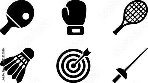 Black silhouettes of table tennis paddle boxing glove tennis racket shuttlecock target with dart and fencing sword icons