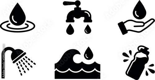 Black and white water drop faucet showerwave and bottle icons
