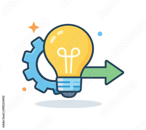 Innovative problem solving and brainstorming process supporting business growth and unique solutions in a collaborative context, a lightbulb combined with a gear and a