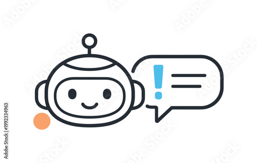 AI assistance and automated help systems in business environments, a simple robot head icon paired with a speech bubble indicating guidance and support, expressing