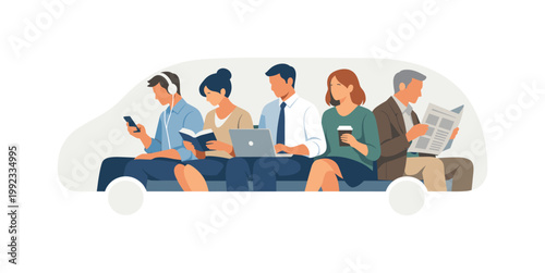 A group of people commuting together in a shared urban environment, each engaged in quiet personal activities while traveling to their destinations, representing modern