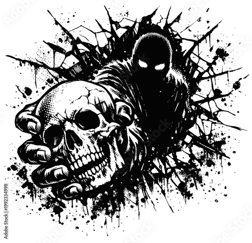 Sinister black-and-white illustration of a grim reaper figure reaching through a shattered background to clutch a human skull, evoking horror, death, gothic style,