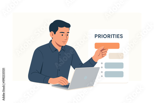 A professional maintaining focus by organizing workspace priorities in a calm routine, seated with a laptop while arranging a minimal priority ranking panel with simple