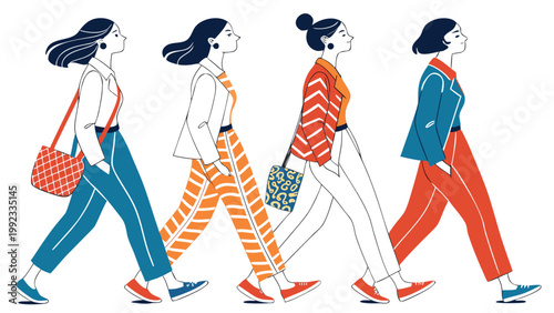 Vector illustration of four stylish women walking together with lifestyle movement confident illustration