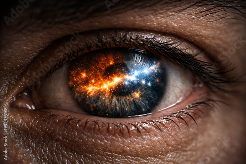 Close up view of a human eye showing detailed iris and pupil