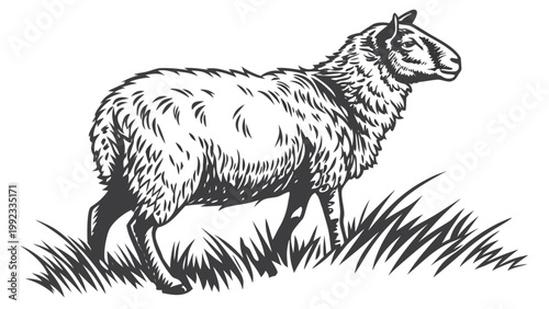 Vector illustration of a standing sheep in grass with livestock illustration ruminant countryside creature