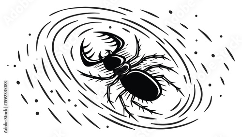 Vector illustration of a large beetle in a swirling circular environment with stagbeetle wildlife entomology