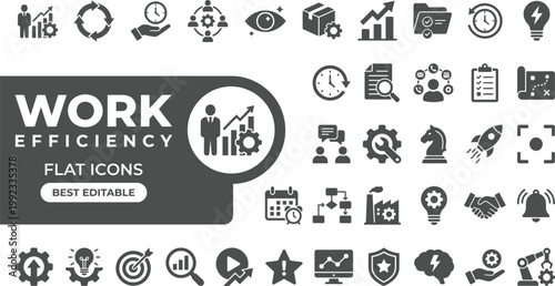  Work efficiency flat icon set featuring business productivity, workflow, time management, optimization, teamwork, and speed performance vector symbols