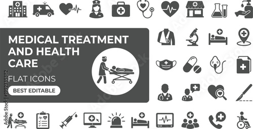  medical treatment and healthcare icon set featuring doctors, treatment, nurse, healthcare, medicine, clinic, doctor, reports, pills, health care, stethoscope, hospital, policy, and hospitals
