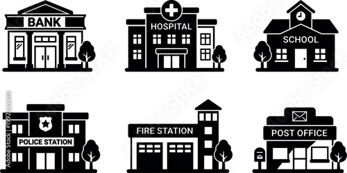 Black and white icons of bank hospital school police fire station and post office buildings
