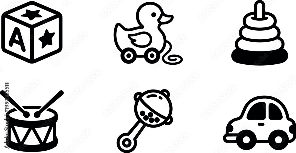 Fototapeta premium Black and white baby toy icons including block duck drum rattle car and stacking rings