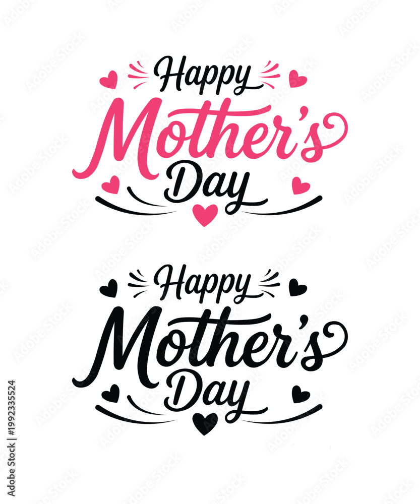 Fototapeta premium Happy Mother's Day Typography Set with Heart Decorations – Pink and Black Calligraphy Design