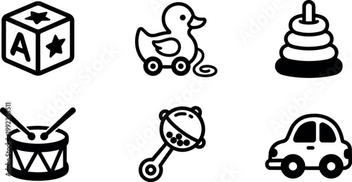 Black and white baby toy icons including block duck drum rattle car and stacking rings