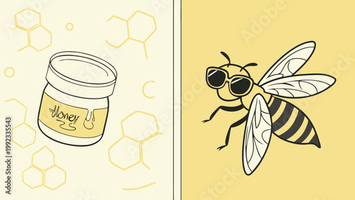 Vector illustration of honey jar with chemical structure and cool bee wearing sunglasses, chemical