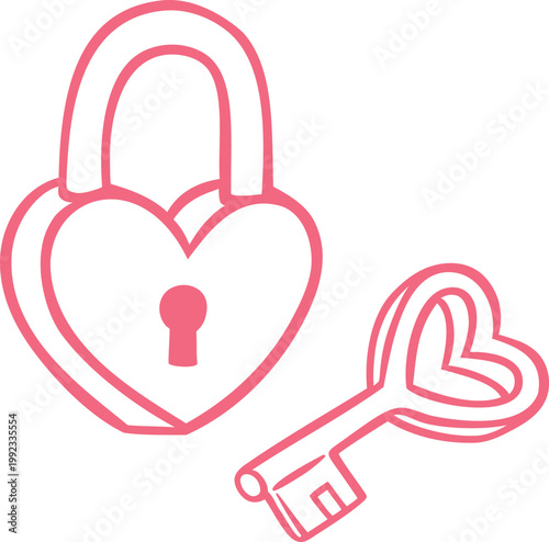 Lock with key pink doodle icon, hand drawn vintage key heart shape holder, vector romantic love line art symbol