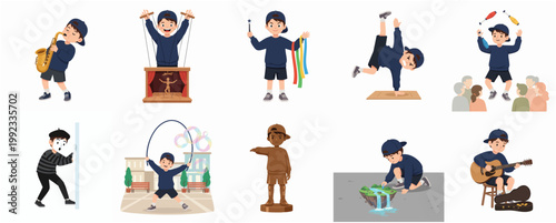 Set of Cartoon Boy Characters Performing Various Street Arts, Music, Magic, and Hobbies