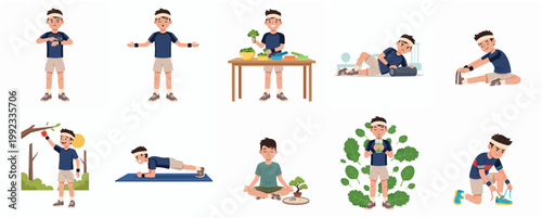 Healthy Lifestyle and Fitness Routine Character Set with a Young Man Exercising, Meditating, and Eating Nutritious Food