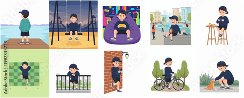 Cartoon character set of a young boy experiencing various daily life activities and emotions in different environments
