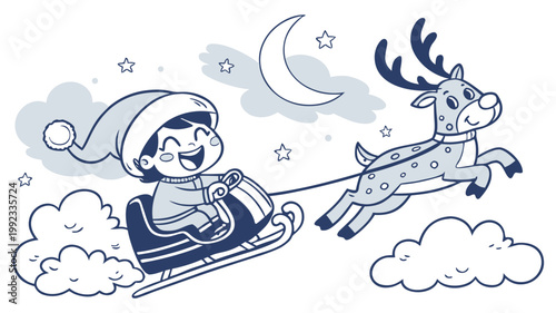 Vector illustration of a child riding a sleigh pulled by a reindeer with christmas reindeer whimsical