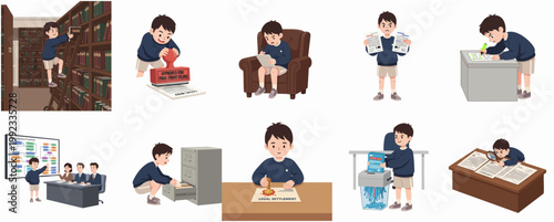 Little boy acting as a professional lawyer in various law office scenarios, vector illustration set
