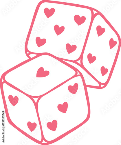 Game dices falling pink doodle icon, hand drawn cubes with heart shape dots, gambling games romantic design
