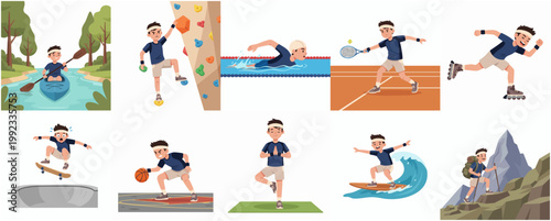 Collection of Illustrations Featuring a Young Boy Participating in Various Sports and Outdoor Activities