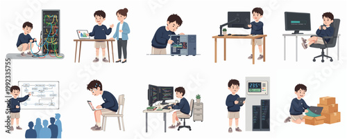 Kid IT Professional and Software Developer Character Set Performing Various Technology Tasks Coding Server Maintenance and Hardware Repair Flat Vector Illustration