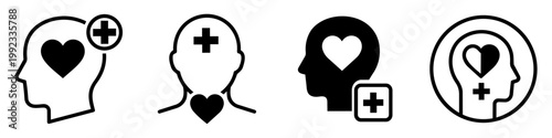 Mental health and emotional wellbeing icon set with human head, heart and plus symbol for self care