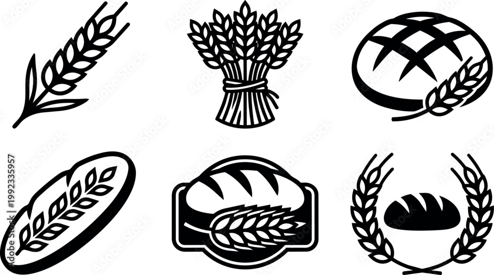 Fototapeta premium Black and white wheat ears and bread loaf icons vector art