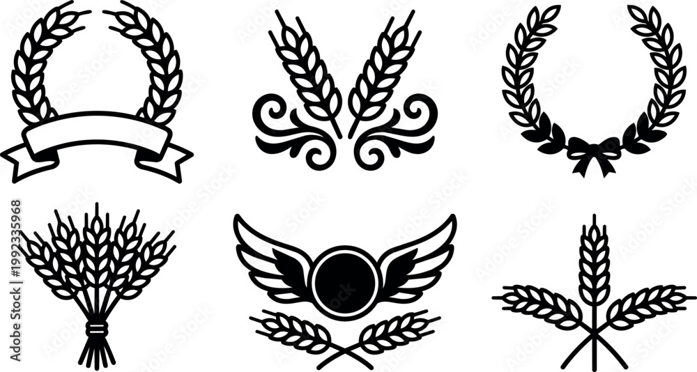 Fototapeta premium Black and white wheat ears and wreath icons with ribbons and wings vector art