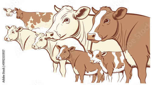 Vector illustration of a group of dairy cows standing together with livestock agriculture domestic portrait