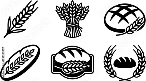 Black and white wheat ears and bread loaf icons vector art