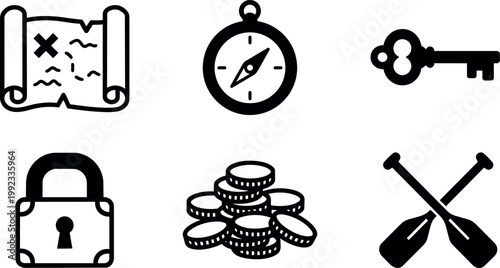 Black and white line art treasure map compass key lock coins and crossed oars