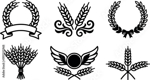 Black and white wheat ears and wreath icons with ribbons and wings vector art