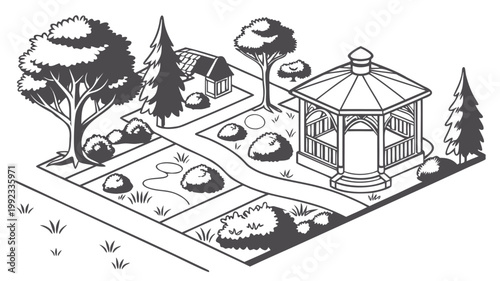 Vector illustration of an isometric park garden layout with gazebo trees and paths landscape isometric