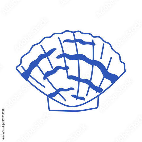 Blue line illustration of a scallop shell. Cute hand drawn clam.