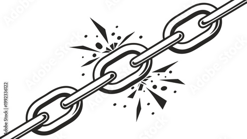Vector illustration of a broken metal chain link exploding with sharp fragments explosion strength security