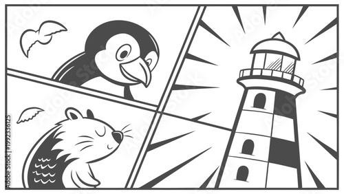 Vector illustration of lighthouse scene with penguin and rodent lighthouse navigation illustration