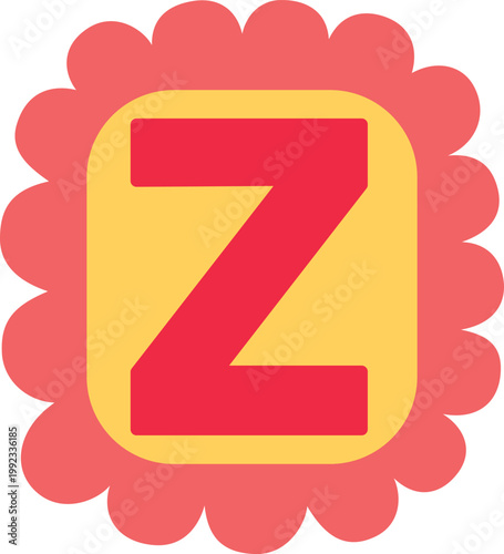 Uppercase Z letter of English alphabet, vector bright festive red typeface in wavy arc-shaped frame, kids happy font