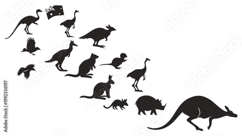 Vector illustration of australian animal silhouettes arranged to form the geographic map shape of australia