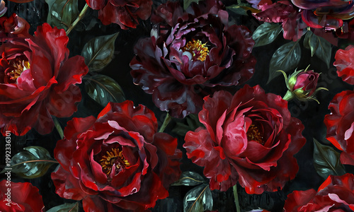 Moody dark floral seamless pattern with large lush peonies and roses on black background