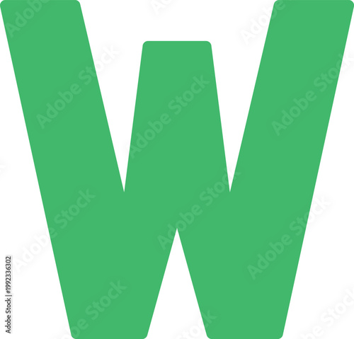 Uppercase W letter of English alphabet, kids happy font, vector bright festive green typeface, childish drawing stylized