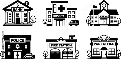 Black and white line art public buildings including bank hospital school police fire station and post office