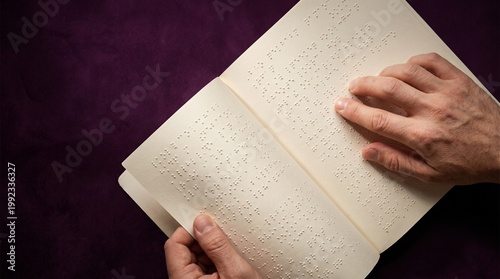 Man reading braille book with finger on paper. Tactile text for blind individual. Education and literacy for visually impaired learner. Accessible learning material on dark purple background.