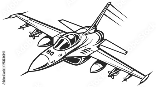 Vector illustration of a modern military fighter jet aircraft flying during an aerial mission with aircraft