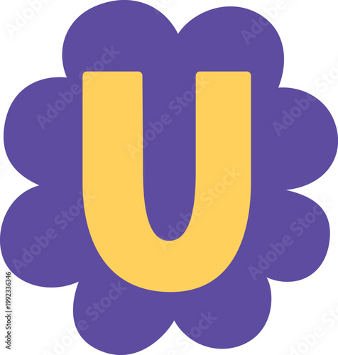 Uppercase U letter of English alphabet, vector kids happy font yellow, festive typeface in purple wavy arc-shaped frame