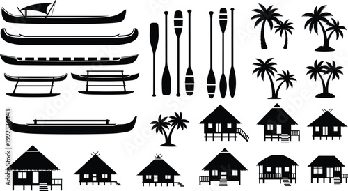 Tropical island life silhouettes with traditional beach huts palm trees wooden canoes and oars icons for summer vacation travel and resort branding